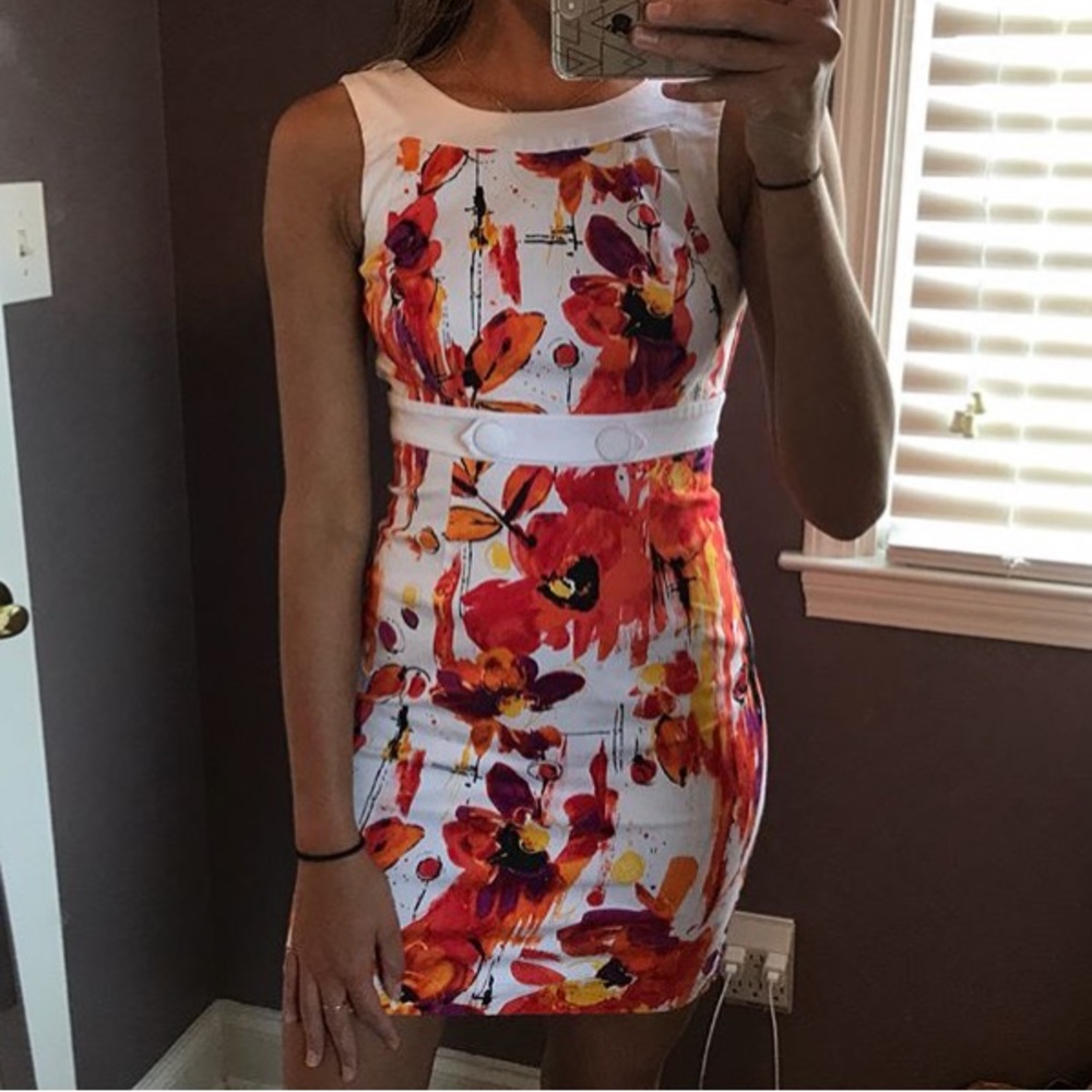 white, orange and red floral dress